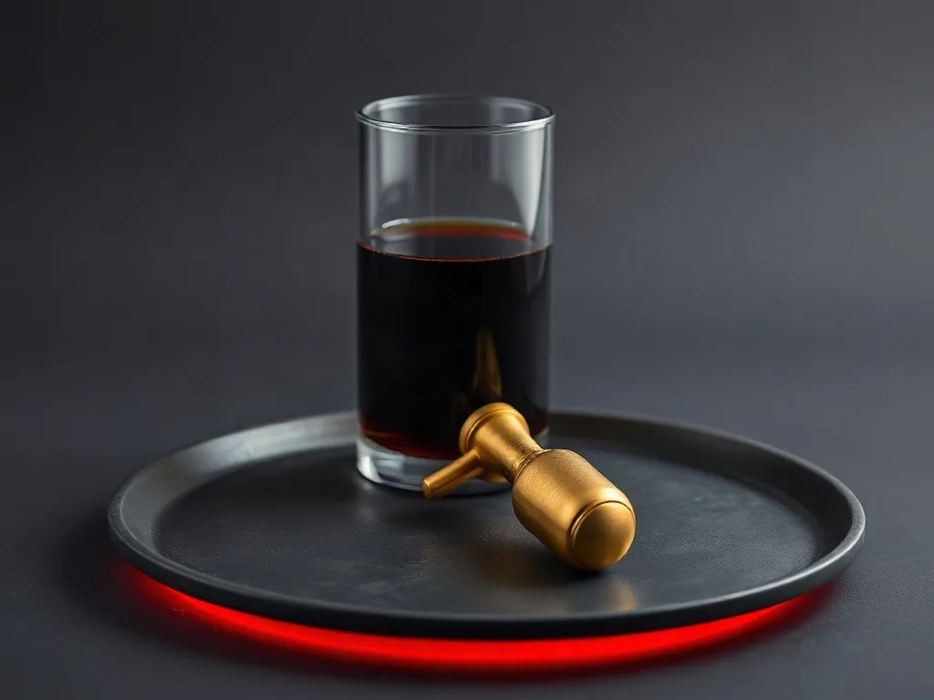 A brass tap detached and lying on a tray next to a glass still full of dark liquid
