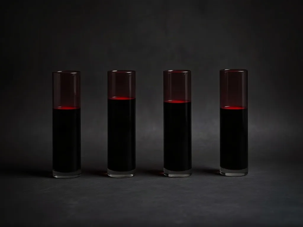 Four identical dark glass cylinders in a row, each filled to a different height with red light