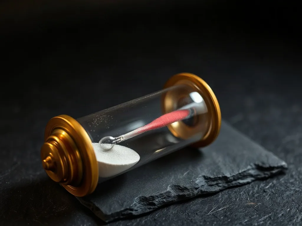 A brass hourglass lying on its side on dark slate, the falling sand stopped in mid-air as a glowing red band