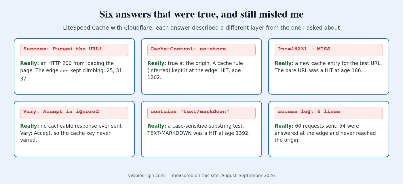 LiteSpeed Cache with Cloudflare: six messages the stack gave me, each paired with what was really happening