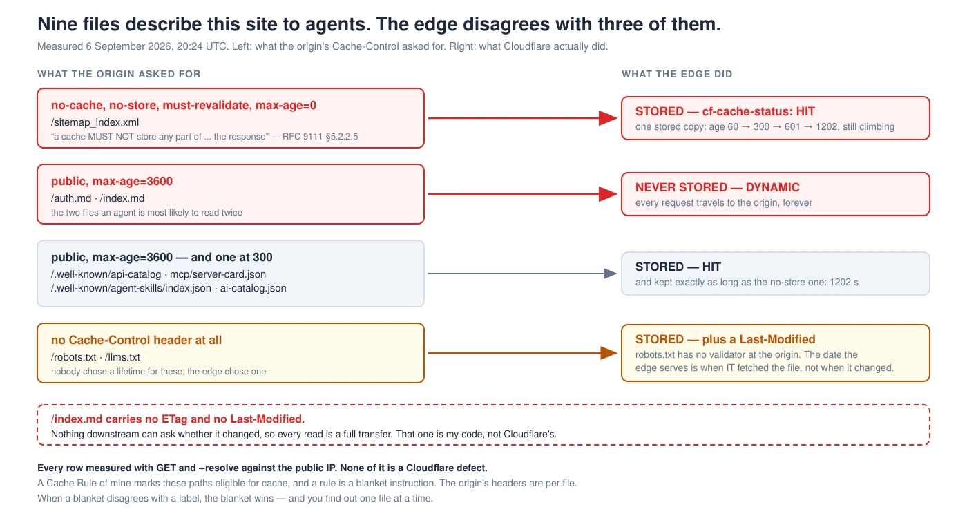 Diagram of nine agent-facing files: the sitemap marked no-store is stored at the edge, the two .md files marked cacheable are never stored, and robots.txt is served with a Last-Modified the origin never sent