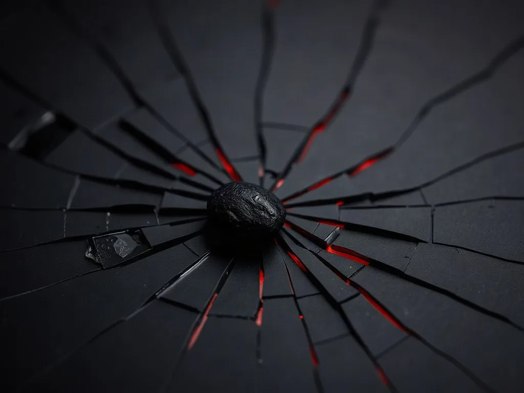 A single small dark pebble resting at the centre of a black glass pane shattered outward in long radiating cracks with red light beneath