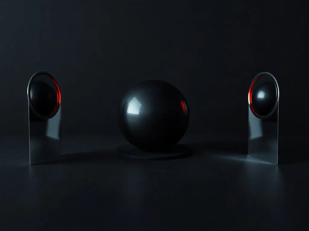 A single dark polished sphere between two facing mirrors, each reflection a noticeably different size from the other