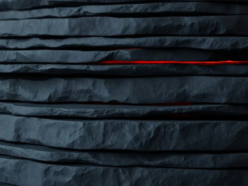 Dozens of stacked dark slate layers, identical except one seam glowing red